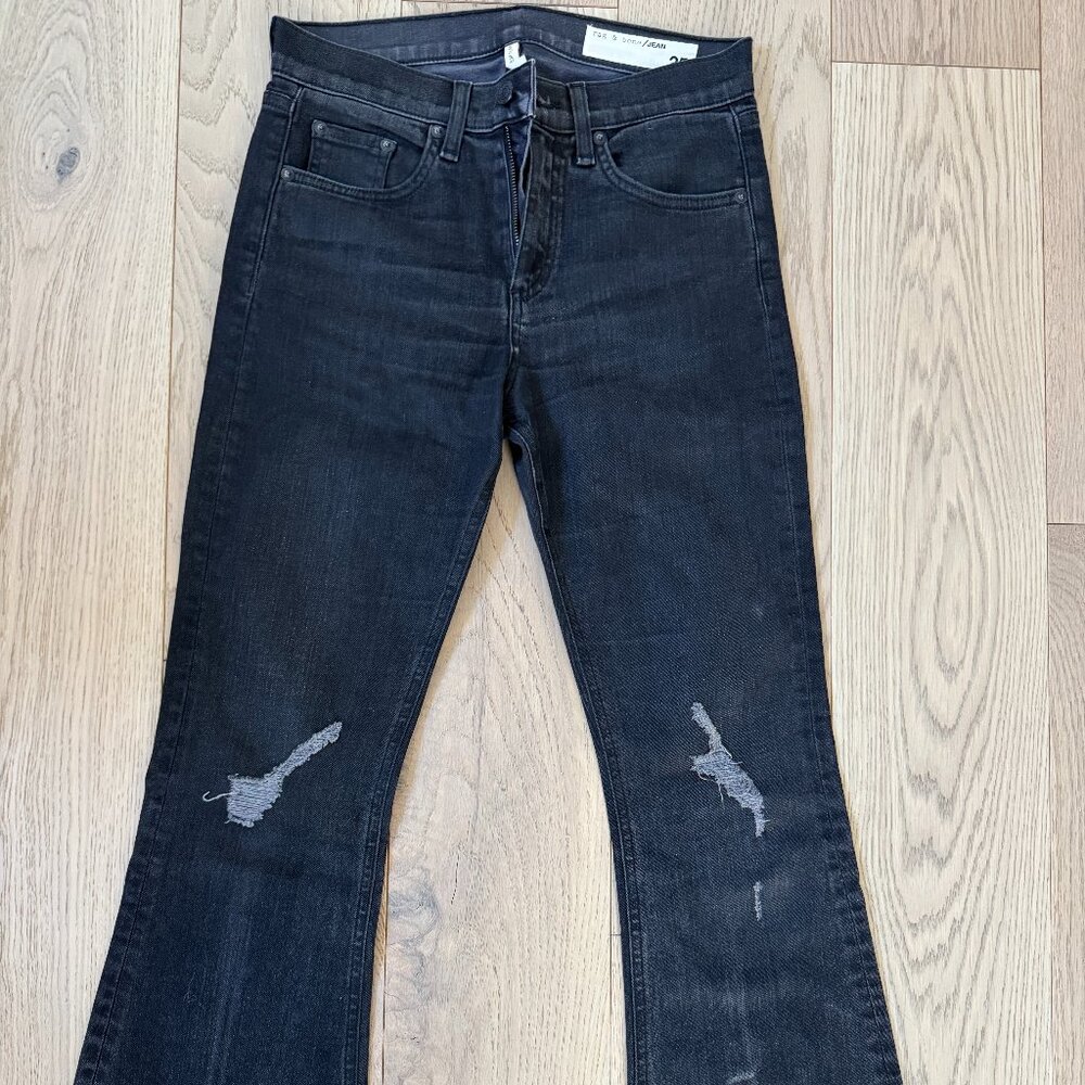 Rag & Bone Dark Wash Distressed Flare Jeans – Raw Hem – High Rise
